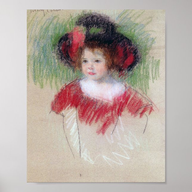 Girl in Big Bonnett and Red Dress, Mary Cassatt Poster (Front)