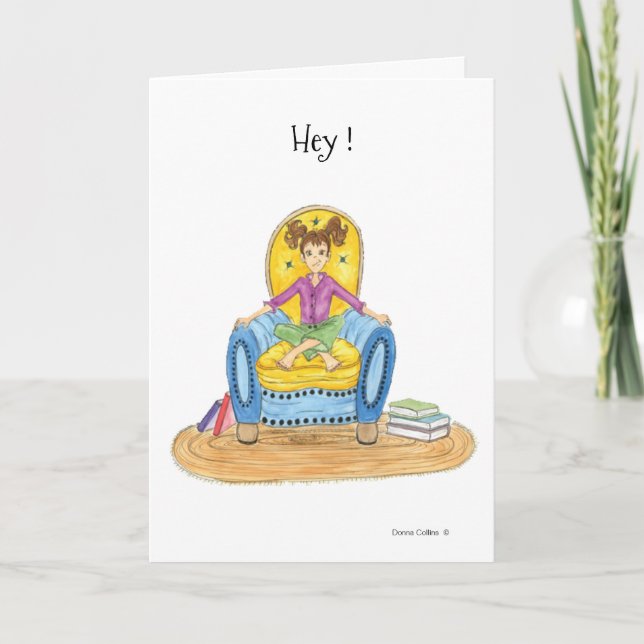 Girl in blue chair, Hey? Card (Front)