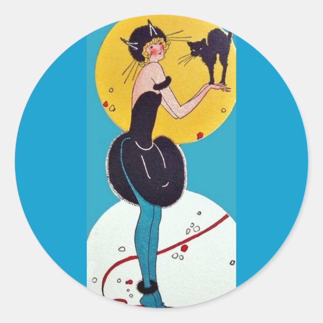 Girl in Cat costume with her black cat Classic Round Sticker (Front)