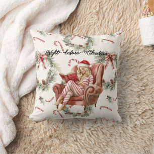 Girl in Chair Santa Hat Candy Cane Christmas Throw Pillow