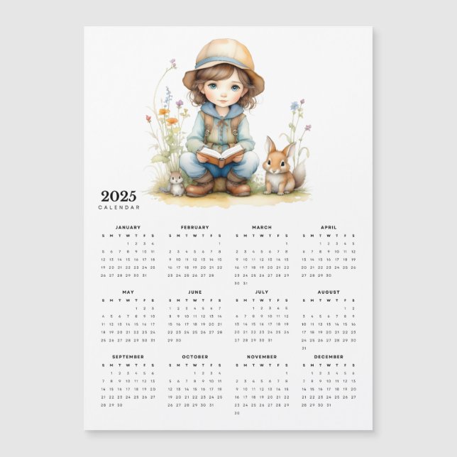 Girl in Flower Garden Rabbits 2025 Magnet Calendar (Devant)