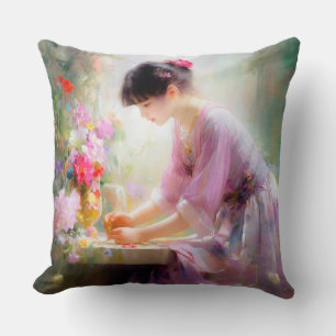 Girl in Flower Garden Throw Pillow