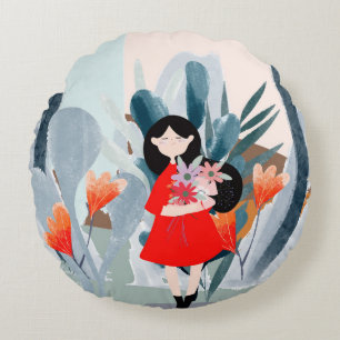 Girl in forest, green nature cartoon. round pillow