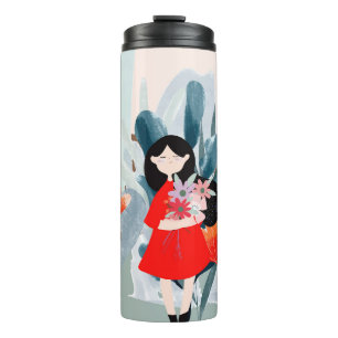 Girl in forest, green nature cartoon. thermal tumbler
