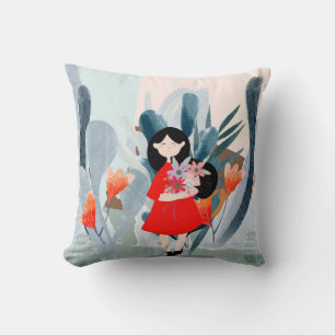 Girl in forest, green nature cartoon. throw pillow