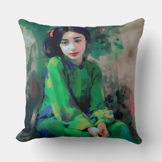 Girl in Green Dress Throw Pillow