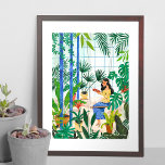 Girl in greenhouse reading illustration poster<br><div class="desc">Girl in greenhouse sitting on a swing between tropical plants. Original artwork by Caroline Bonne Müller.</div>