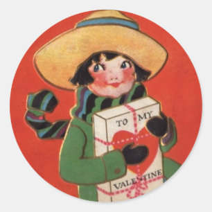 Girl in Hat with Valentine Package Vintage Sticker