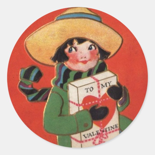Girl in Hat with Valentine Package Vintage Sticker (Front)