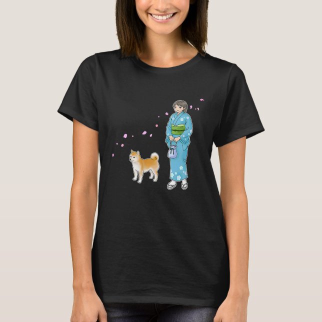 Girl In Kimono & A Shiba Inu Enjoying A Breath Of  T-Shirt (Front)