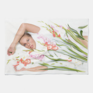 Girl in Milk with Flowers Kitchen Towel