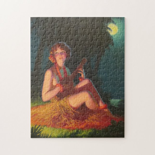 Girl in Moonlight with Banjo Ukulele Jigsaw Puzzle (Vertical)