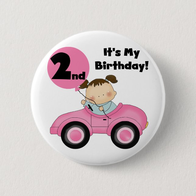 Girl in Pink Car 2nd Birthday Tshirts and Gifts 2 Inch Round Button (Front)