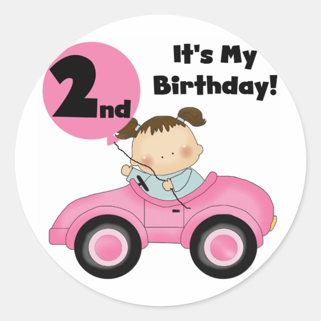 Girl in Pink Car 2nd Birthday Tshirts and Gifts Classic Round Sticker (Front)