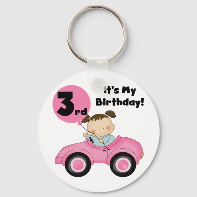 Girl in Pink Car 3rd Birthday Tshirts and Gifts Keychain (Front)
