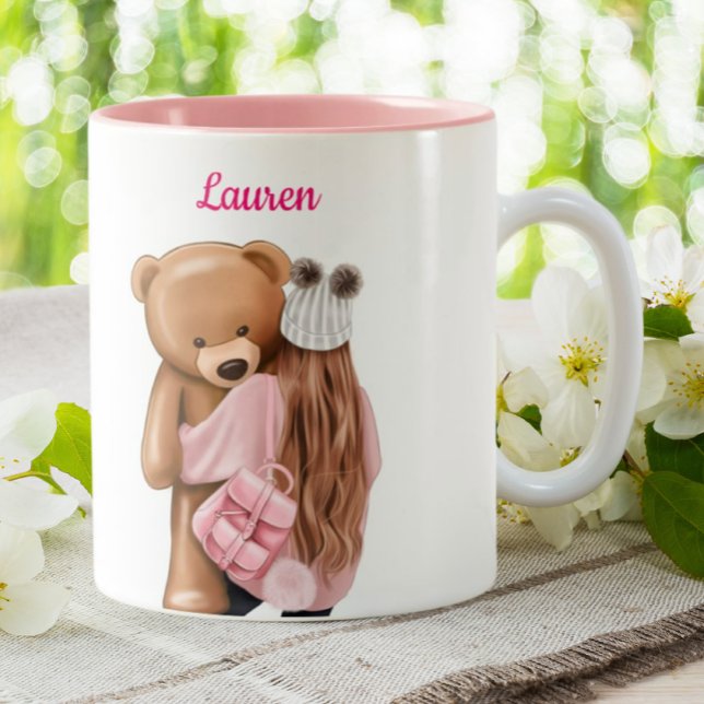 Girl in Pink with Bear Personalized Custom Coffee Two-Tone Coffee Mug (Creator Uploaded)