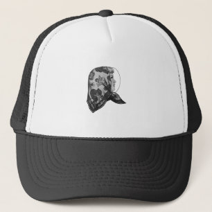 Girl in profile with printed scarf on her head trucker hat