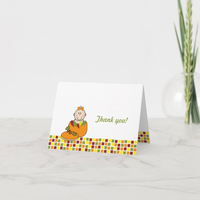 Girl in Pumpkin Baby Shower Thank You Notes (Front)