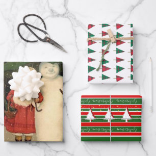 Girl in Red Coat with Snowman Plaid Trees Wrapping Paper Sheet