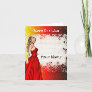 Girl in red dress birthday card