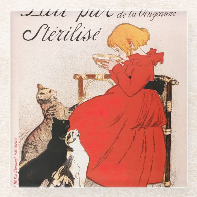 Girl in Red Dress Drinking Milk Steinlen Poster Glass Coaster (Front)