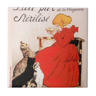 Girl in Red Dress Drinking Milk Steinlen Poster Tile