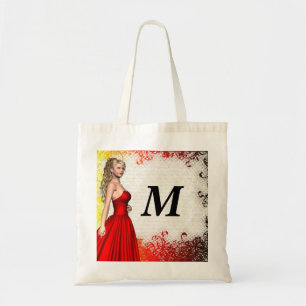 Girl in red dress tote bag