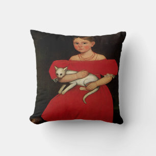 Girl in Red with her Cat and Dog Throw Pillow