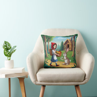 Girl in Redhood with Bunny Throw Pillow