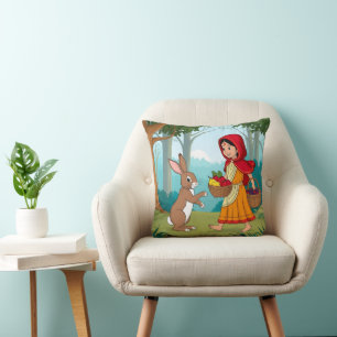 Girl in Redhood with Bunny Throw Pillow