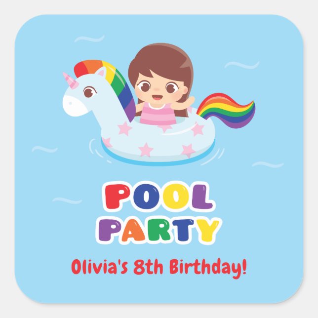 Girl in Unicorn Float Pool Birthday Party Stickers (Front)