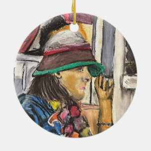 Girl in Vivid Hat Ceramic Ornament