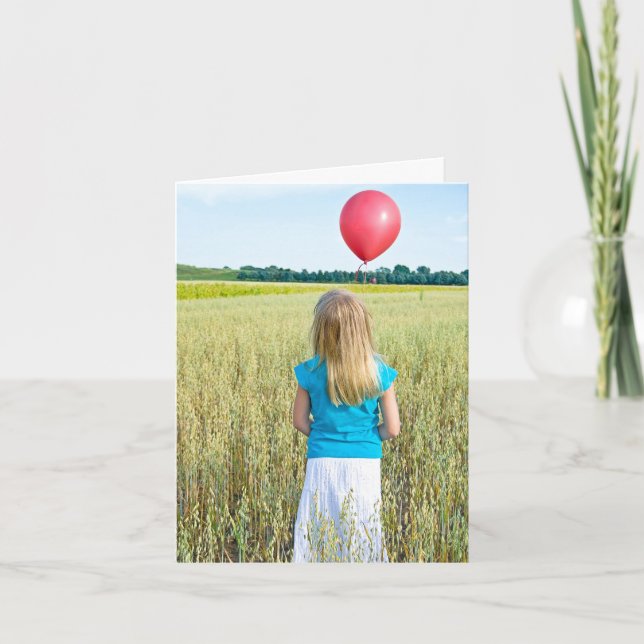 girl in wheat field with red balloon card (Front)