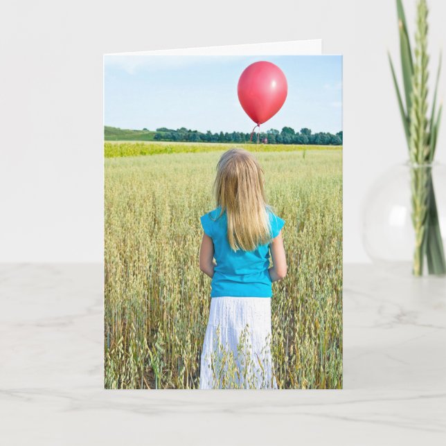 girl in wheat field with red balloon card (Front)