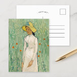 Girl in White | Vincent van Gogh Postcard<br><div class="desc">Girl in White (1890) | Original artwork by Dutch post-impressionist artist Vincent van Gogh (1853-1890). The painting depicts a woman wearing a white dress and yellow straw hat,  standing in a soft green field scattered with red flowers.

Use the design tools to add custom text or personalize the image.</div>