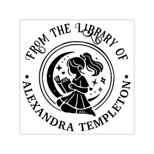 Girl in Window Reading Stars Moon Book Name Self-inking Stamp