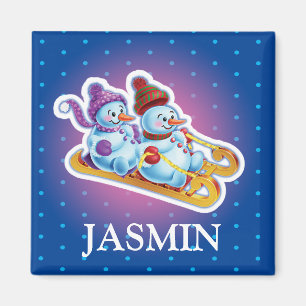 Gir'l initial snowmen sledging fridge magnet