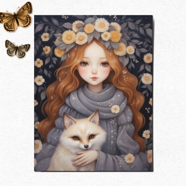 Girl is Hugging a Red Fox, Whimiscal Postcard (Whimsical Art - Little Girl with a Red Fox, a cute postcard design for lovers of fantasy and animals)