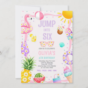 Girl Jump into Six pool party birthday invite. Invitation