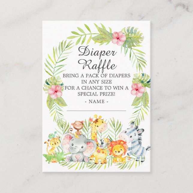 Girl Jungle Animals Baby Shower Diaper Raffle Enclosure Card (Front)