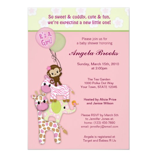 Girl Jungle Safari Animal Baby Shower Invitations Zazzle Ca