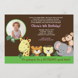 Girl Jungle Safari Zoo Animal Photo Birthday Invitation