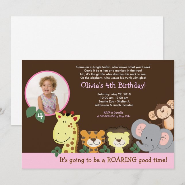 Girl Jungle Zoo Party Animal Photo Birthday Invitation (Front/Back)
