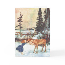 "Girl kissing a reindeer" Vintage Christmas card