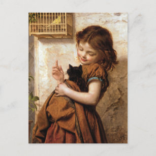 Girl, Kitty Cat & Bird - Vintage Painting Postcard