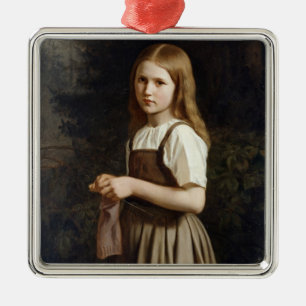 Girl Knitting, 1854 Metal Ornament