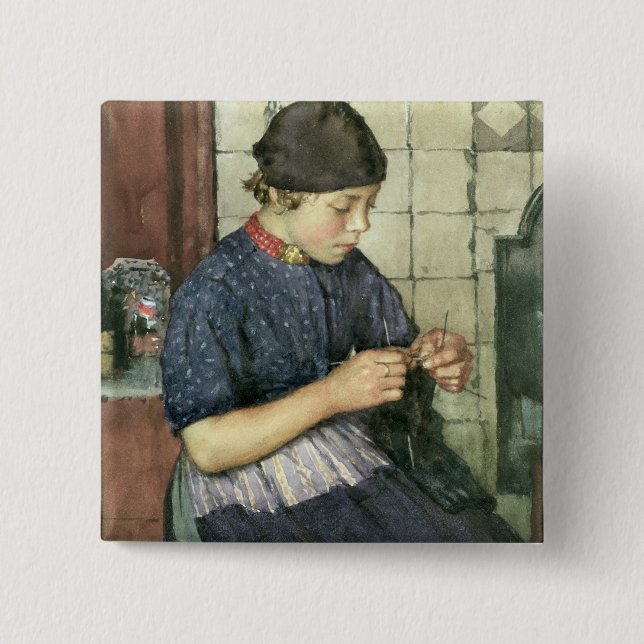 Girl Knitting 2 Inch Square Button (Front)