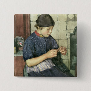 Girl Knitting 2 Inch Square Button