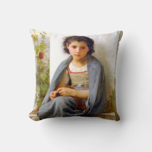 Girl Knitting, Bouguereau Throw Pillow
