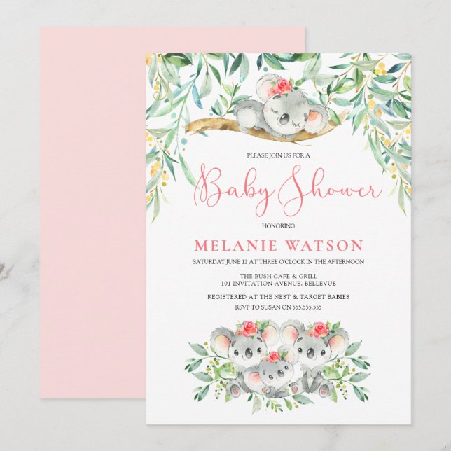 Girl Koala Bush Babies Baby Shower Invitations (Front/Back)